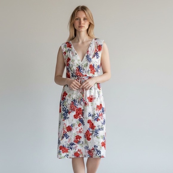 Eddie Bauer Dresses & Skirts - EDDIE BAUER Size 4 Floral Cotton Sun Dress White Tropical Sleeveless V-Neck Cute